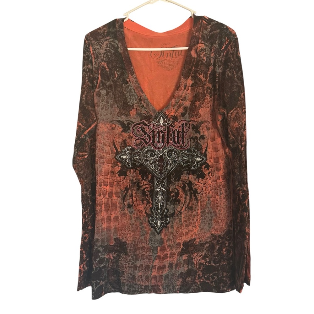 Sinful V-Neck Long Sleeve Top in Orange and Black